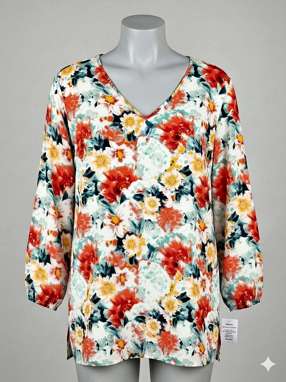Mario Serrani Women's V-Neck Tunic Blouse Floral White & Red XXL
